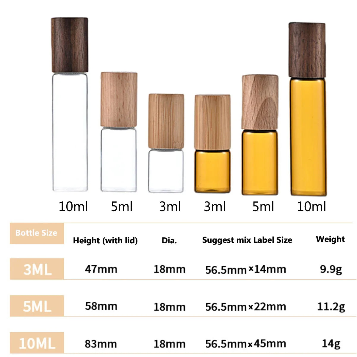 3ml 5ml 10ml Clear Glass Roll on Bottle With Natural bamboo Wood cap Sample Test Roller Ball Vials For Essential Oil Perfume