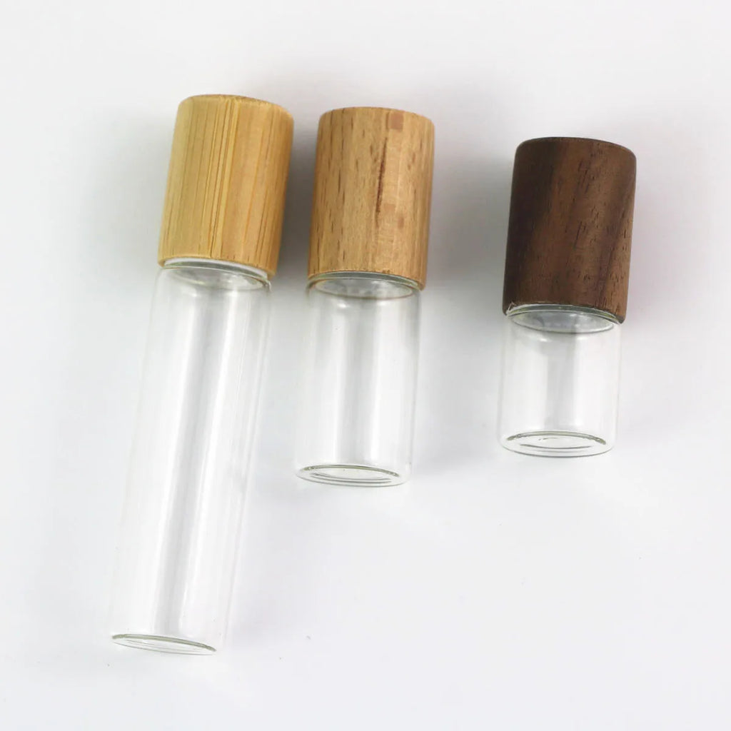 3ml 5ml 10ml Clear Glass Roll on Bottle With Natural bamboo Wood cap Sample Test Roller Ball Vials For Essential Oil Perfume